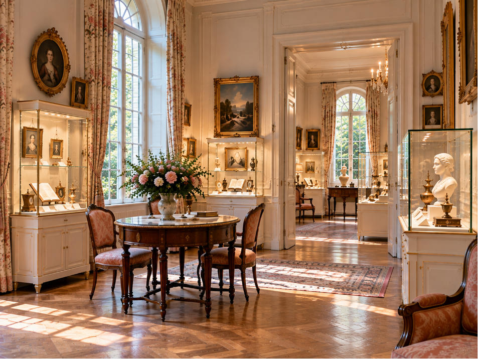 French salon museum gallery with romantic art domestic furnishings and warm natural light