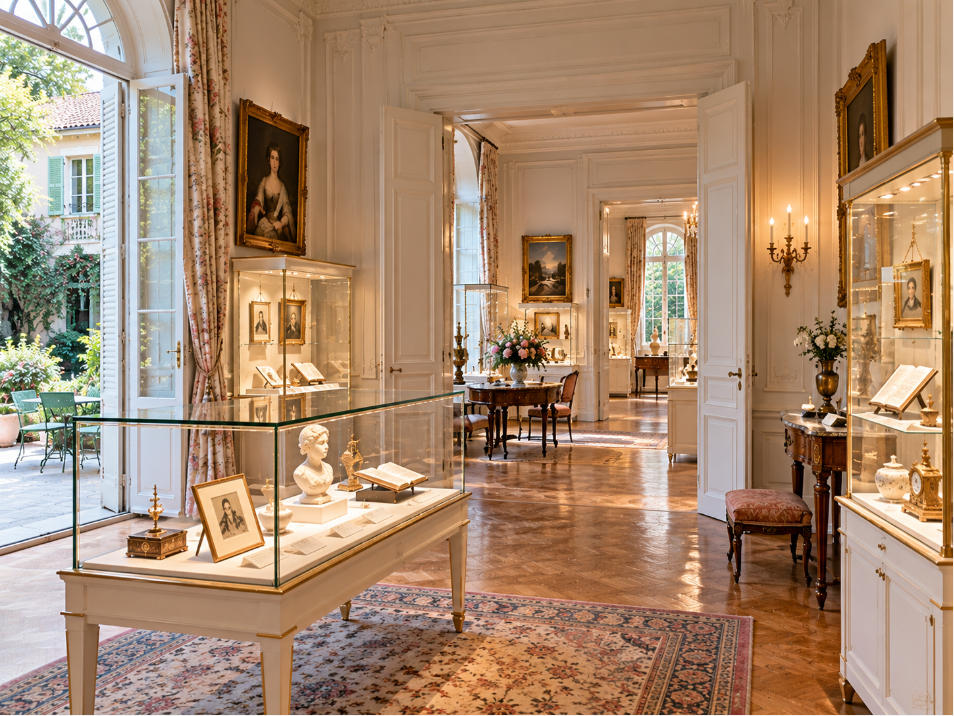 French romantic museum layout with garden residence salon galleries and intimate exhibition circulation