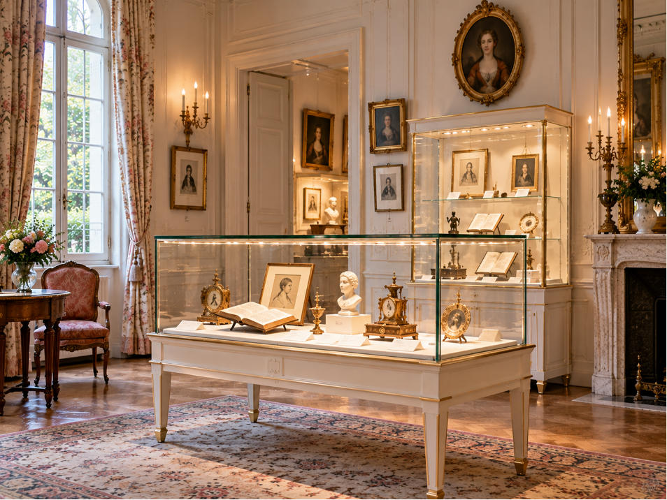 French art museum display case with white wood brass classical glass and warm salon lighting