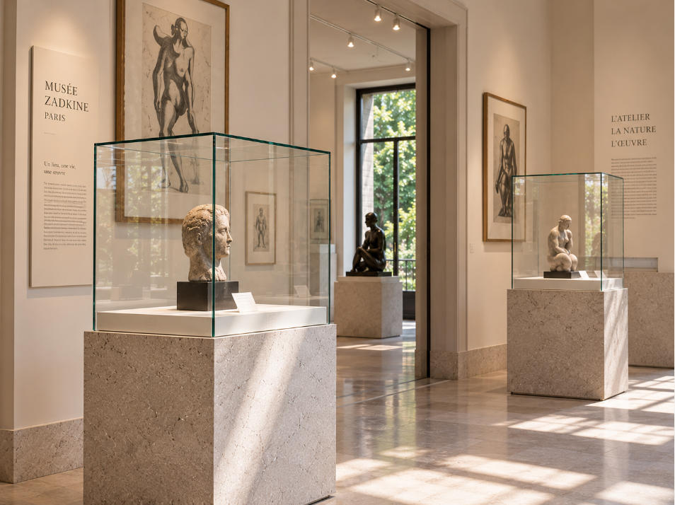 Minimal sculpture museum showcase detail with ultra clear glass pale stone and soft lighting