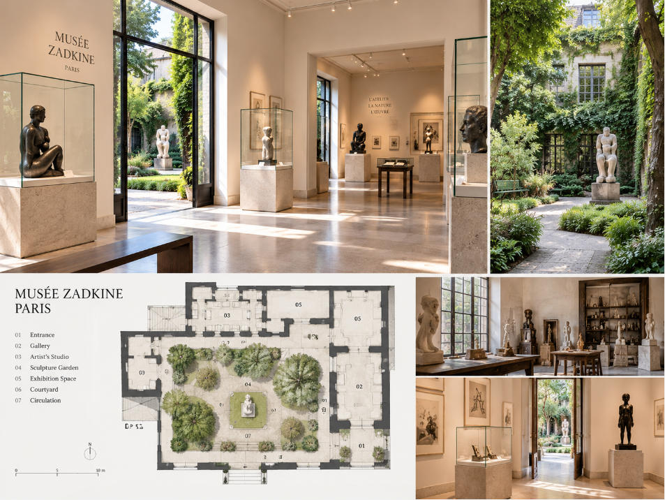 Musée Zadkine Paris gallery layout with garden sculpture studio spaces natural daylight and intimate circulation