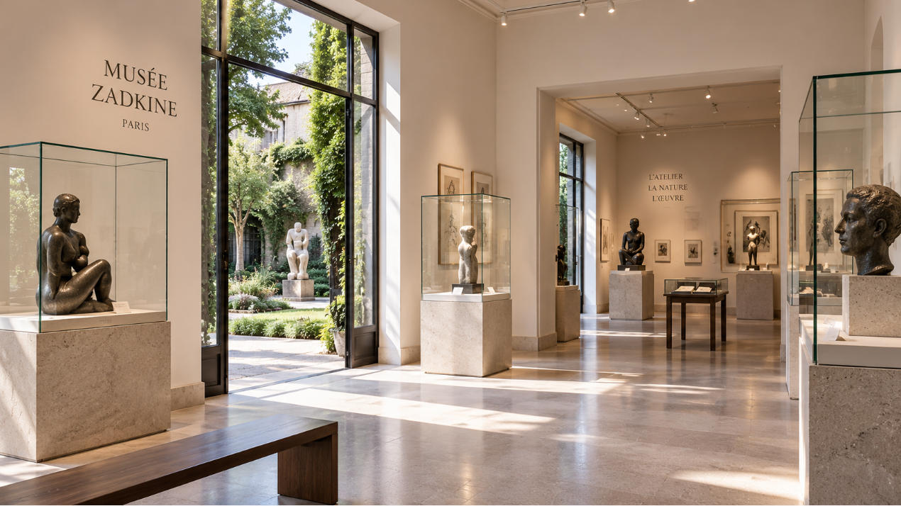 Musée Zadkine Paris sculpture museum display cases inside French minimalist artist gallery