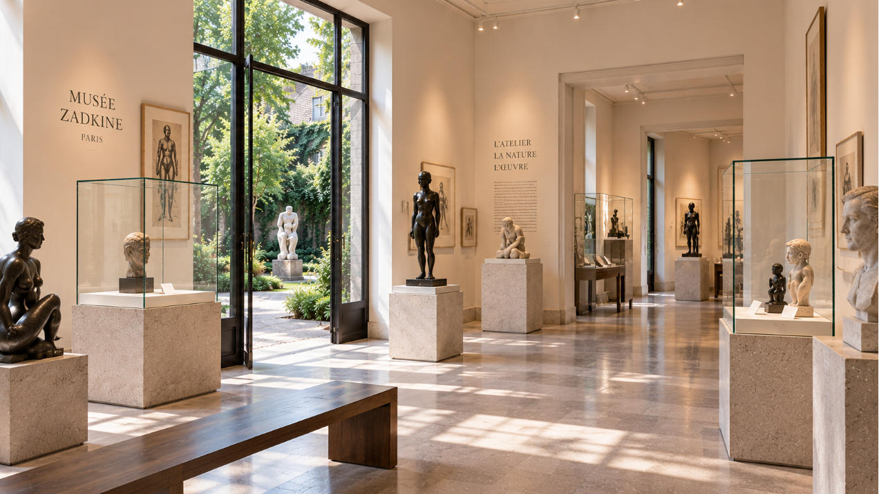 Completed Musée Zadkine Paris interior with sculpture museum display cases artist studio and garden galleries