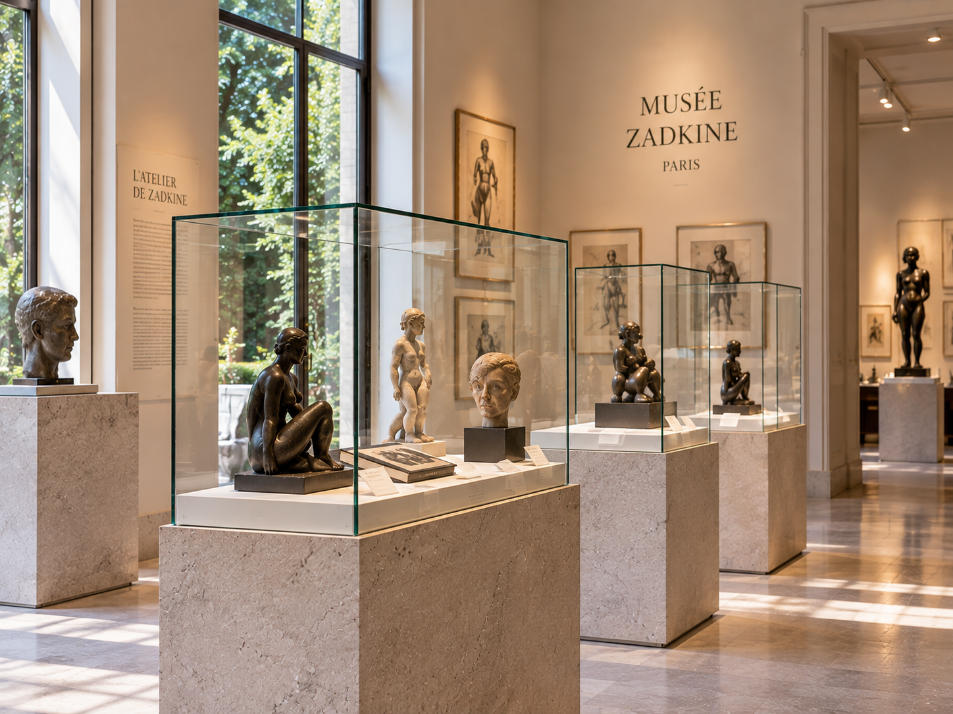 French sculpture museum display detail with ultra clear glass stone base and artist collection