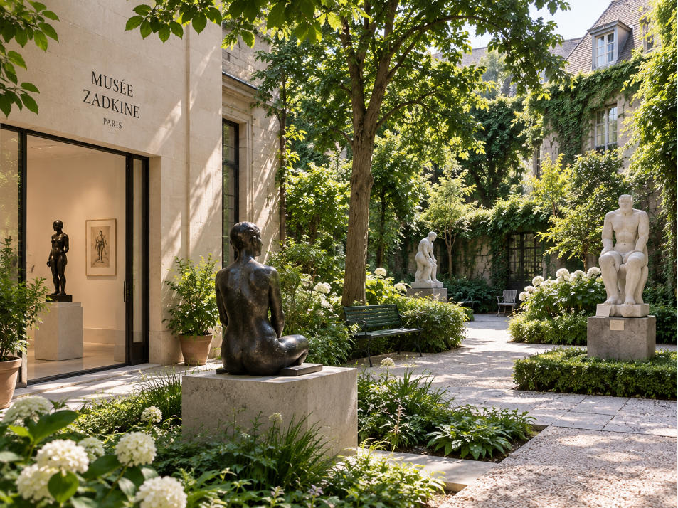 Musée Zadkine sculpture garden gallery with natural daylight French artist museum atmosphere