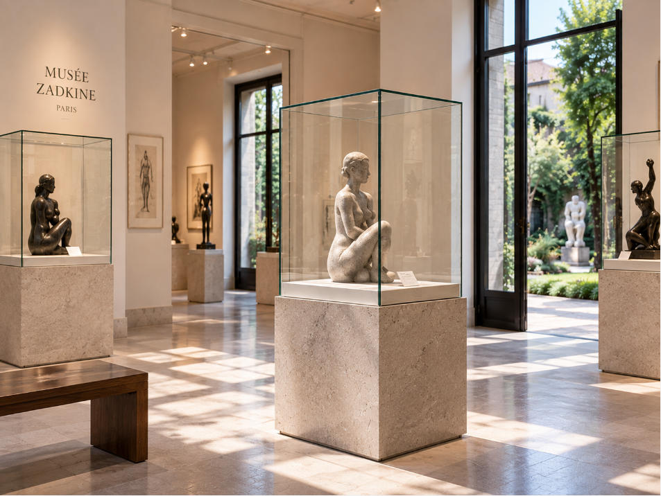 Sculpture museum display case with stone base ultra clear glass and minimalist French gallery interior