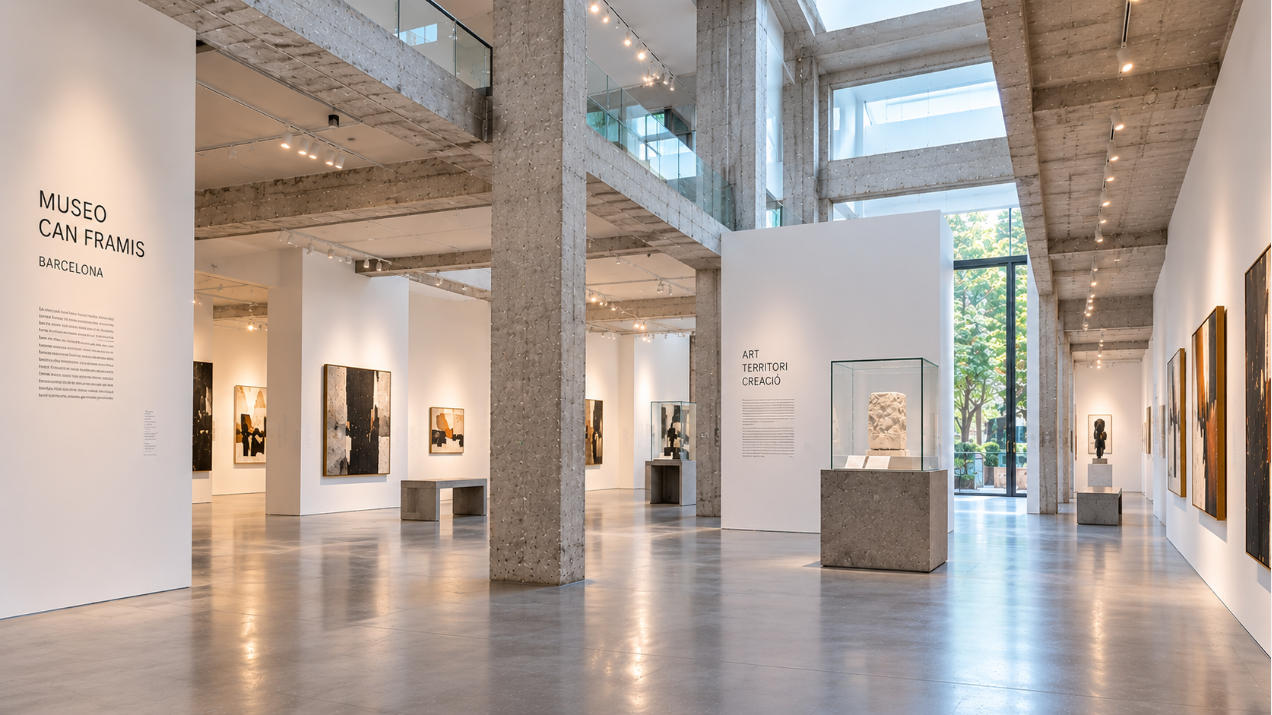 Completed Museo Can Framis Barcelona interior with industrial art museum display cases contemporary painting and minimalist galleries