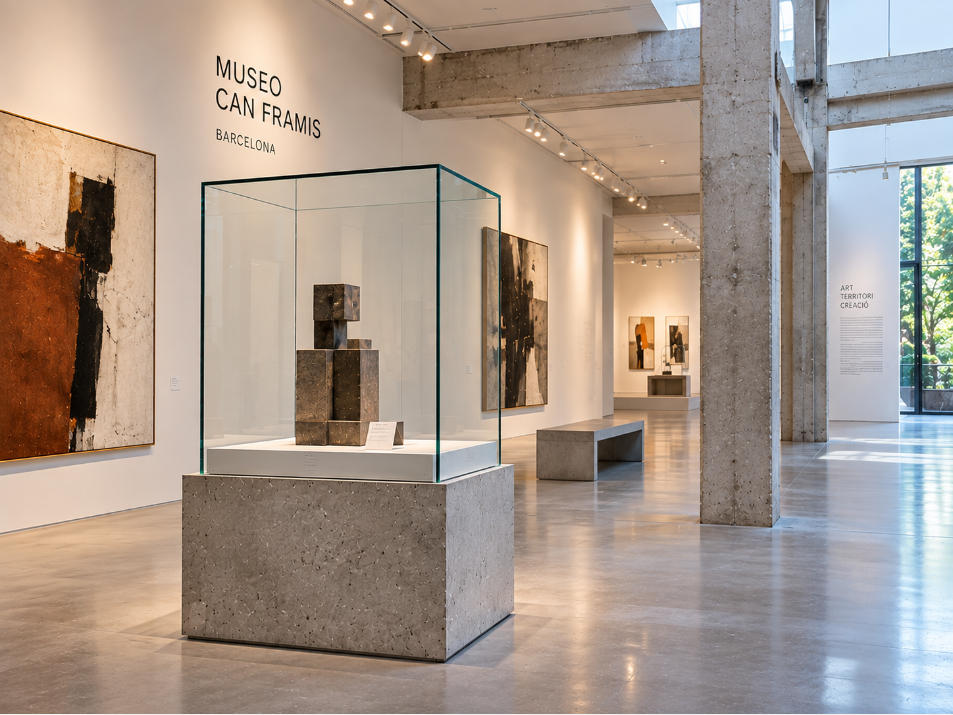 Industrial art museum display case with concrete base white steel ultra clear glass and contemporary gallery lighting
