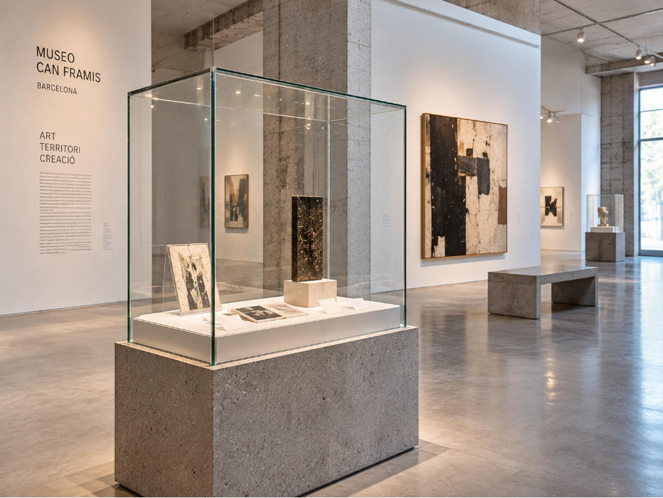 Industrial contemporary art museum display detail with concrete ultra clear glass and white steel structure