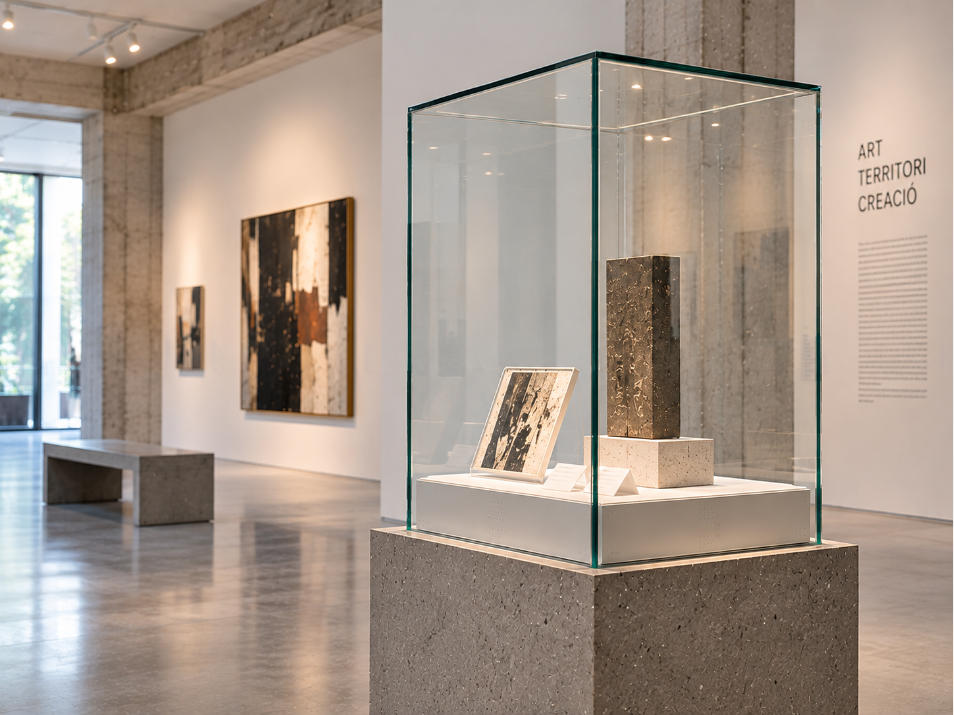 Minimal industrial museum showcase detail with white steel ultra clear glass concrete and cool gallery lighting