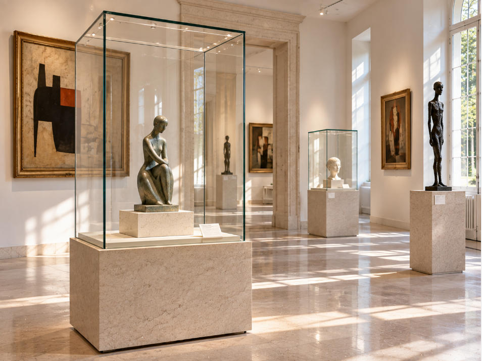 Contemporary art museum display detail with stone ultra-clear glass and sculpture presentation
