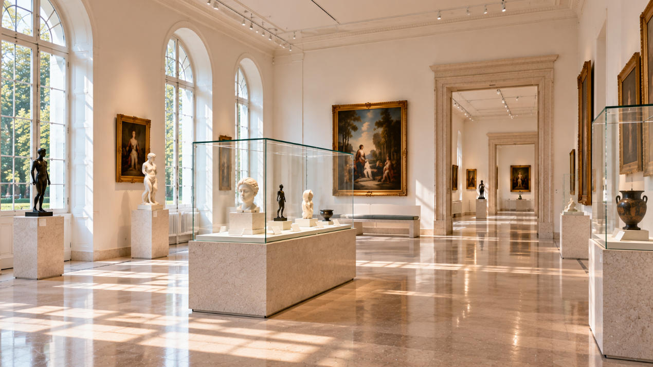 Completed Museo Carlo Bilotti Rome interior with contemporary art museum display cases and sculpture galleries