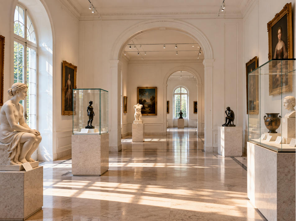 Italian private art museum layout with sculpture painting galleries natural daylight and intimate circulation