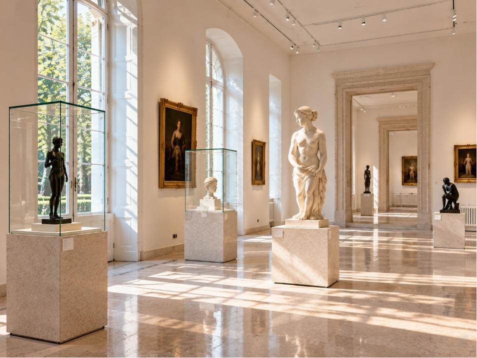 Italian private museum sculpture gallery with natural daylight and minimalist display