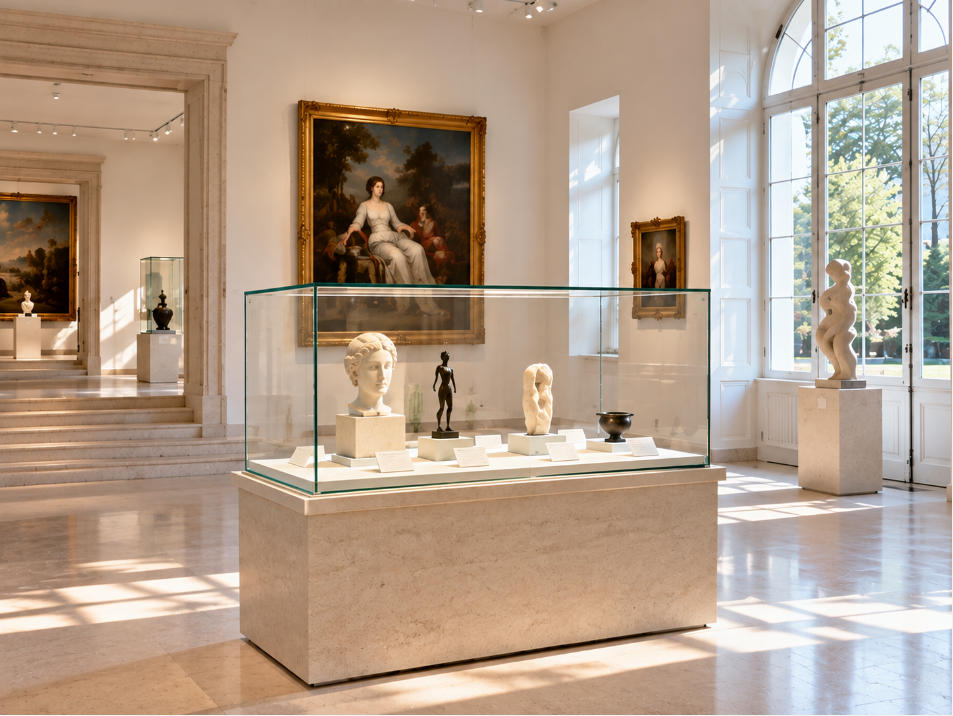 Contemporary art museum display case with stone base ultra-clear glass and focused museum lighting