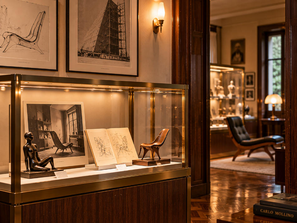 Designer house museum collection display detail with walnut brass glass and Italian mid century objects