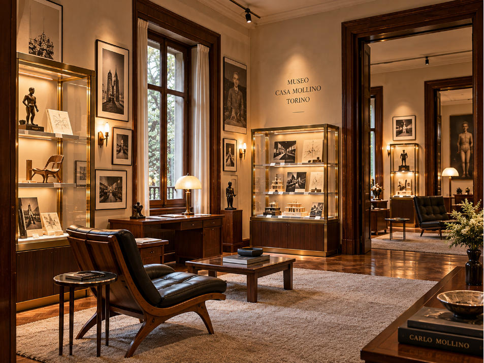 Italian architect house museum furniture gallery with residential interior and warm ambient lighting