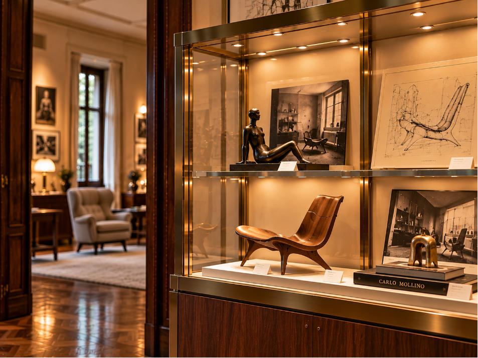 Mid century museum showcase detail with walnut cabinetry brass frame glass and warm lighting
