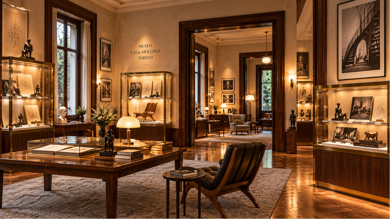 Completed Museo Casa Mollino Turin interior with designer house museum display cases walnut furniture brass and glass
