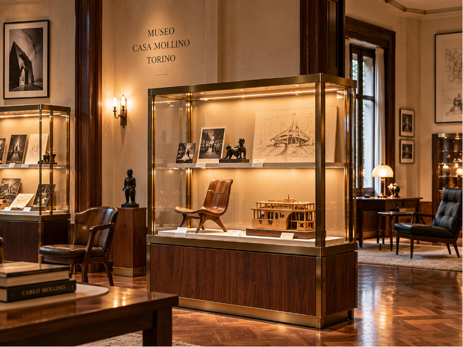 Italian designer house museum showcase with walnut brass glass and mid century furniture details