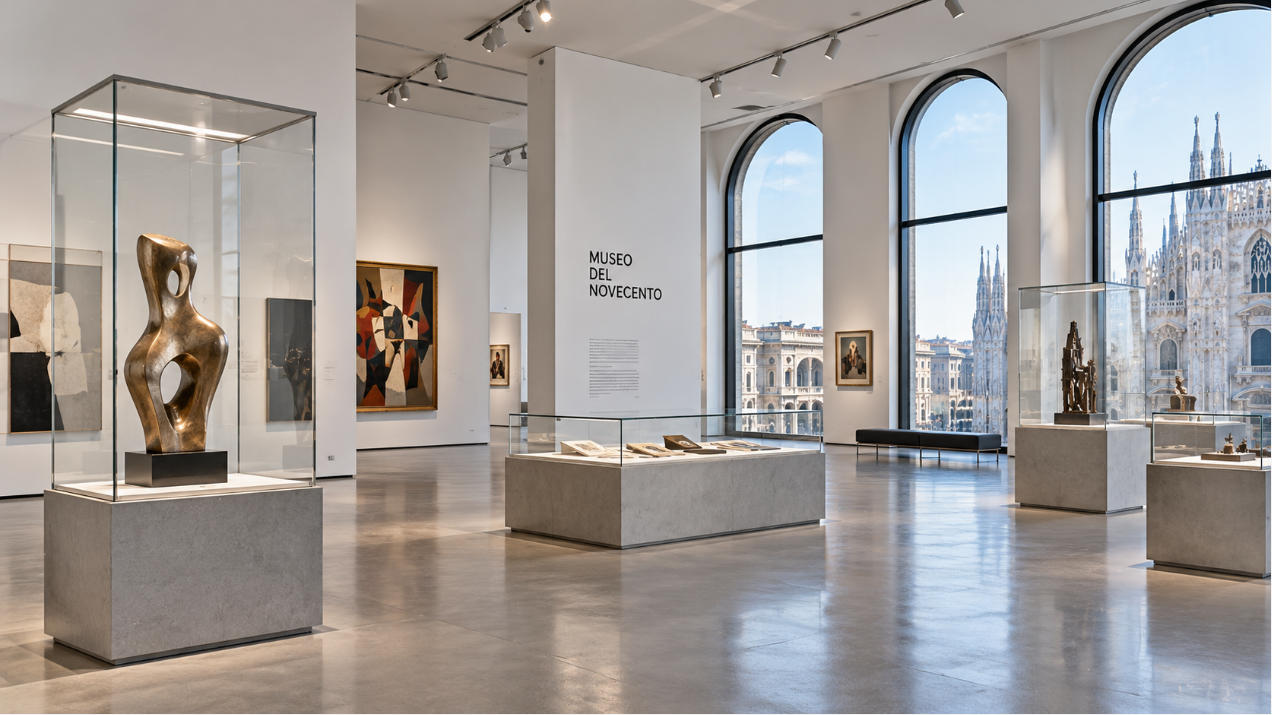 Museo del Novecento Milan modern art museum display cases inside minimalist Italian gallery interior