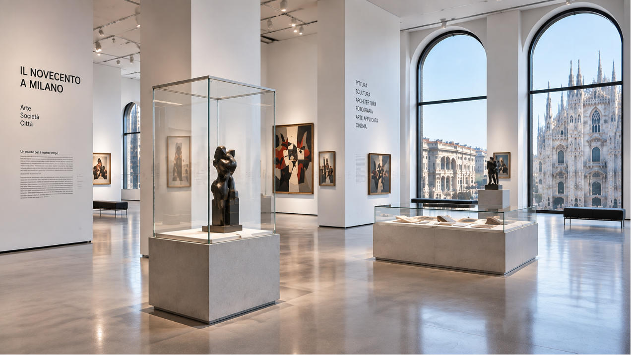 Completed Museo del Novecento Milan interior with modern art museum display cases white galleries and architectural city views