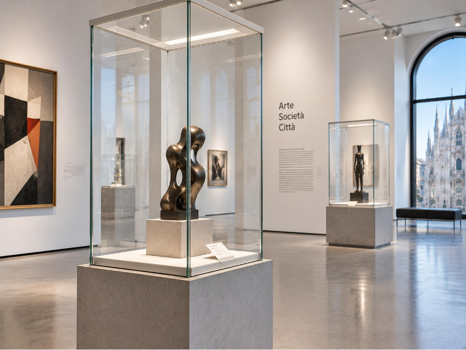 Minimal modern art museum showcase detail with white steel ultra clear glass concrete and gallery lighting