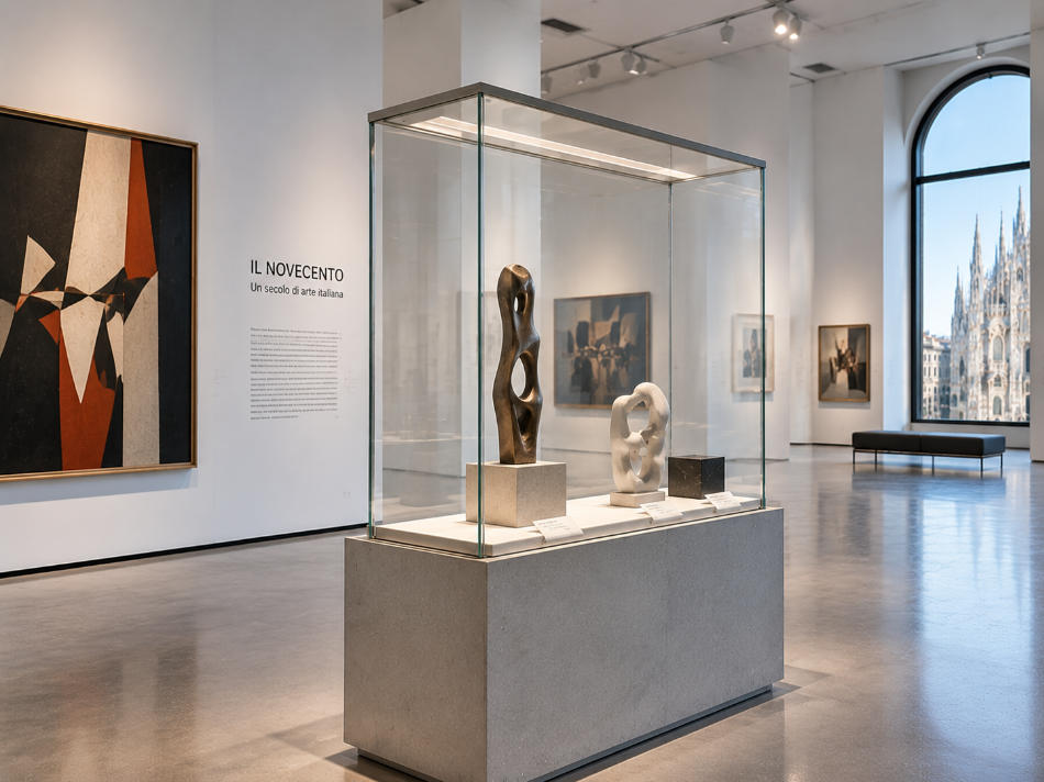 Modern Italian museum display detail with ultra clear glass white steel concrete and contemporary art objects