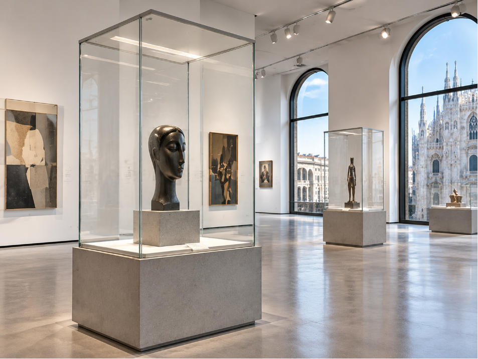 Modern art museum display case with white steel ultra clear glass concrete base and minimalist Italian gallery