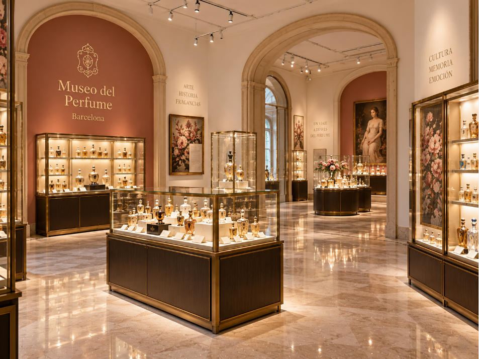 Museo del Perfume Barcelona layout with perfume bottle display walls vintage galleries and boutique style circulation