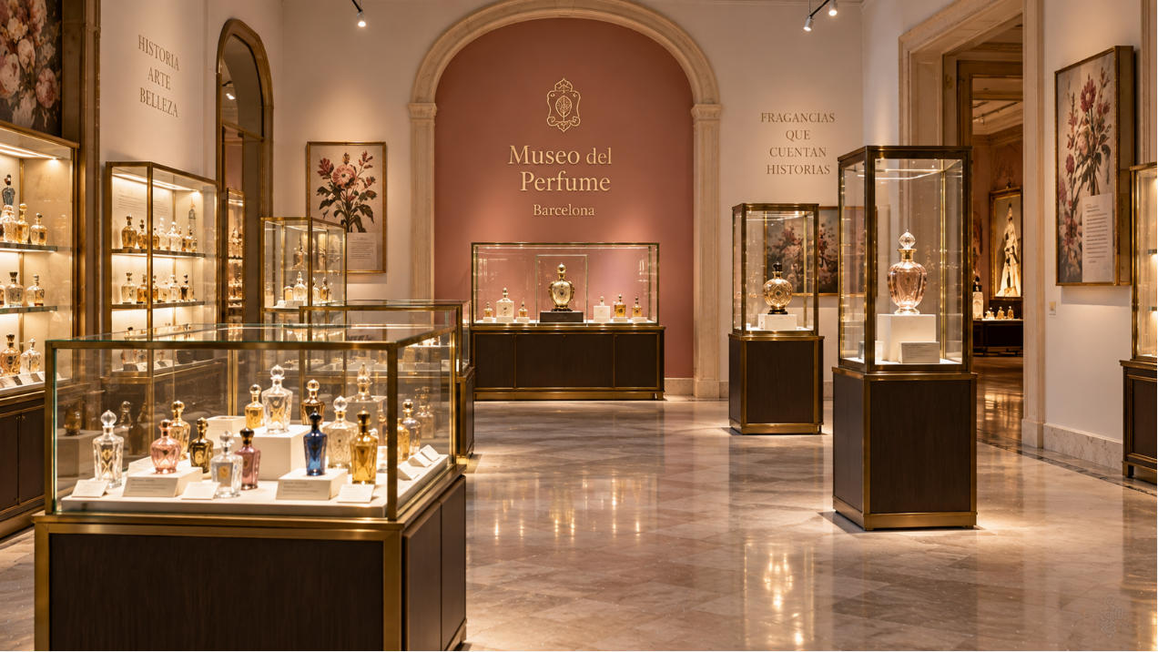 Museo del Perfume Barcelona perfume museum display cases with brass glass showcases and vintage bottle collections