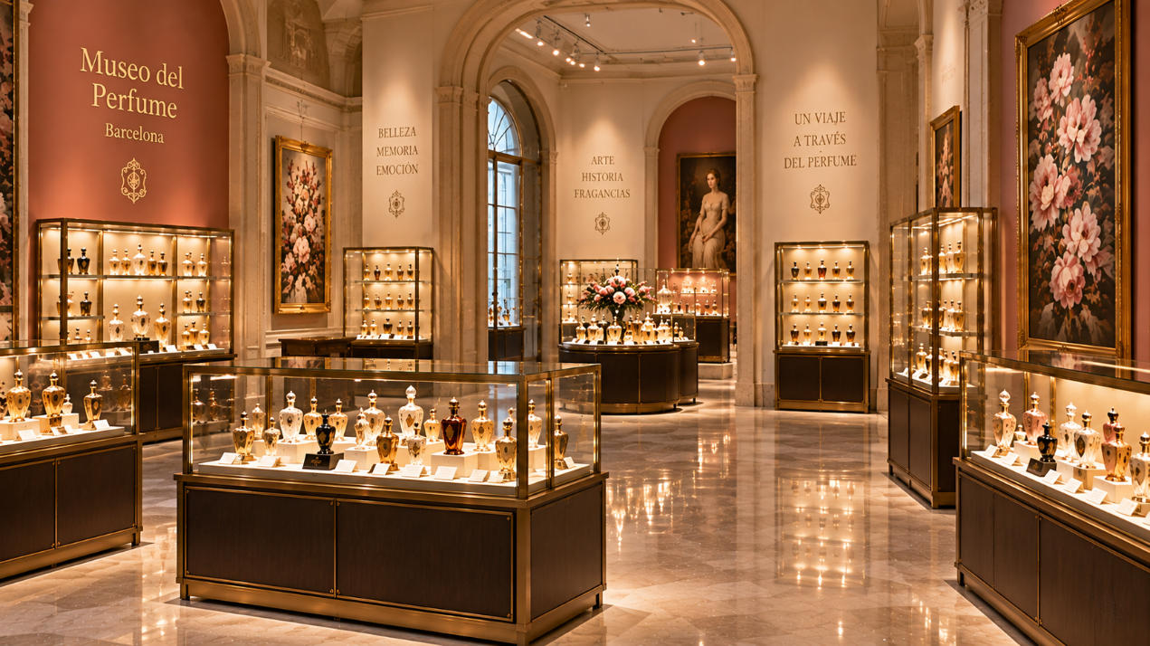 Completed Museo del Perfume Barcelona interior with perfume museum display cases bottle walls brass glass and warm lighting