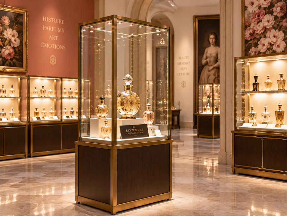 Perfume museum showcase with brass frame ultra clear glass wood finish and vintage perfume bottle collection