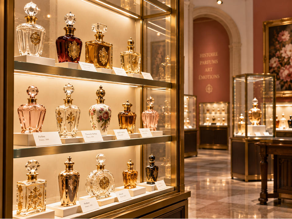 Perfume museum bottle display detail with brass glass shelving warm lighting and collectible perfume bottles