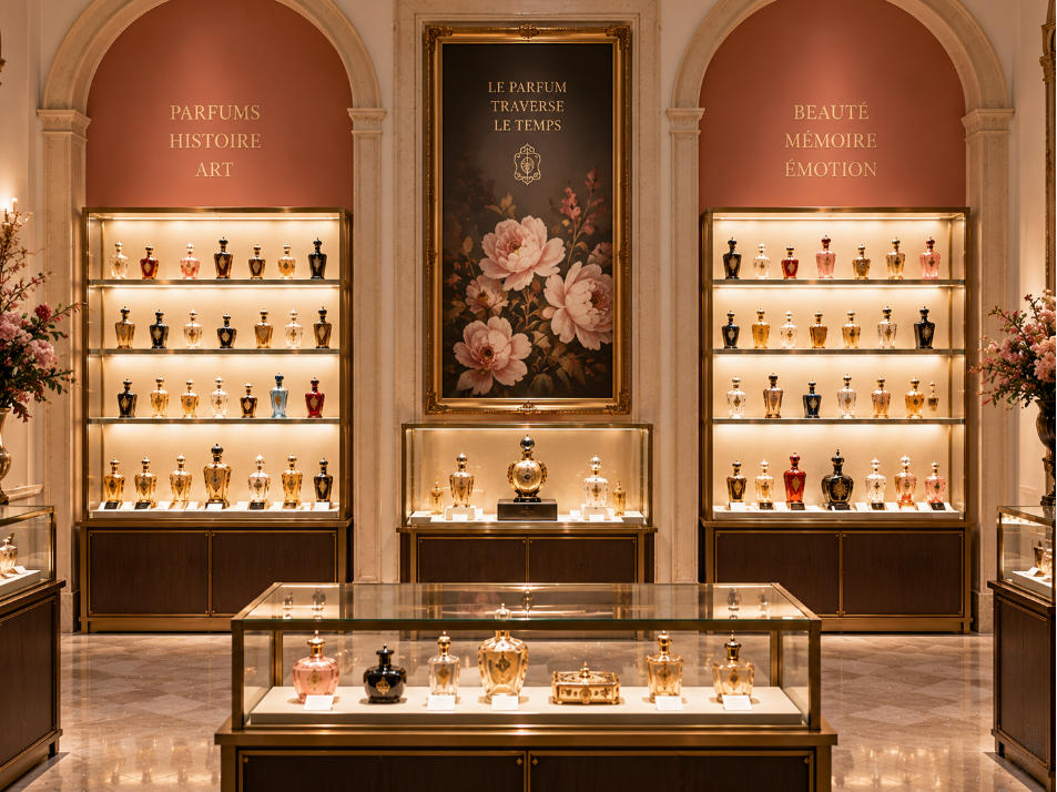 Perfume bottle museum wall display with illuminated shelves brass details and vintage perfume collection