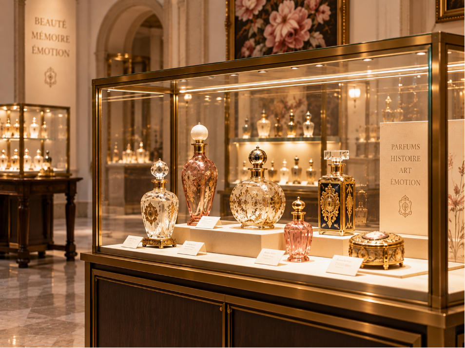 Vintage luxury perfume museum showcase detail with brass glass wood finish and soft warm lighting