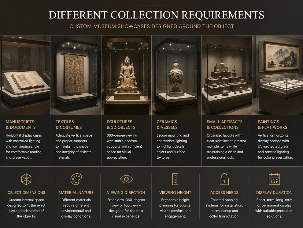 Different collection requirements for custom museum showcases including manuscripts textiles sculptures and cultural artifacts