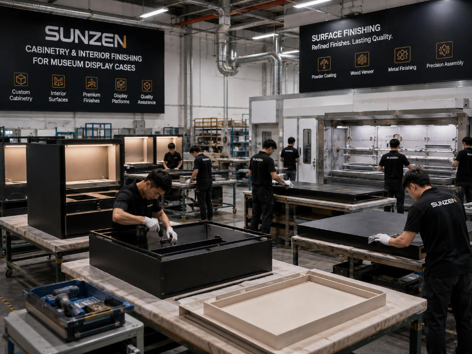 Museum display case factory producing cabinet structures interior surfaces finishes and exhibition display platforms