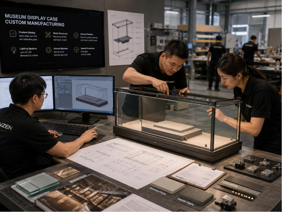 Museum display case manufacturer coordinating custom glazing metal structures interiors lighting and access systems