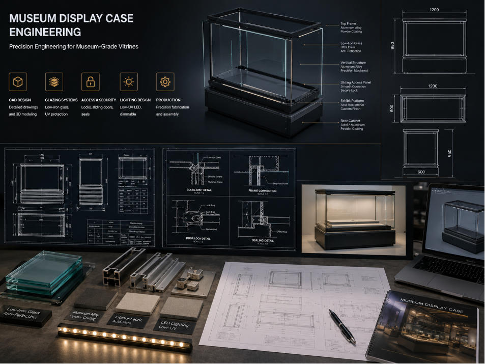 Museum display case engineering with CAD drawings glazing structures access lighting and production details