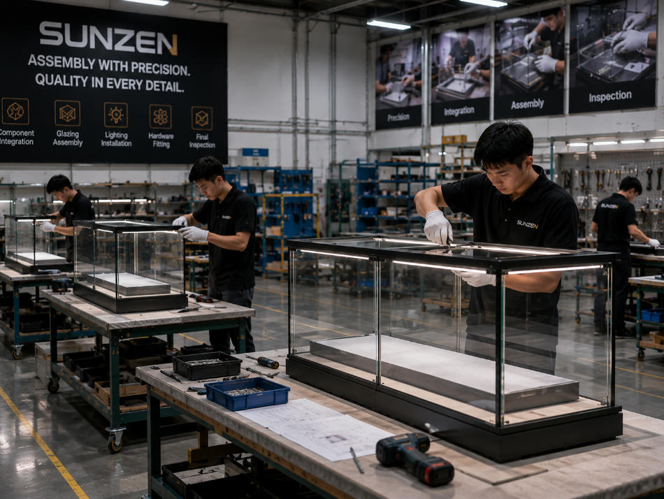 Museum display case factory technicians assembling glazing structures lighting hardware and cabinet components