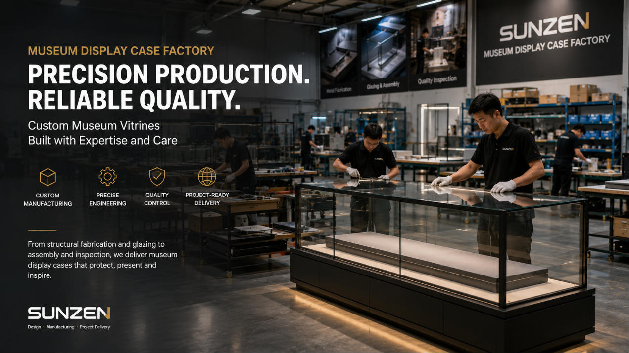 Museum display case factory producing custom museum vitrines with glass metal structures lighting assembly and quality control