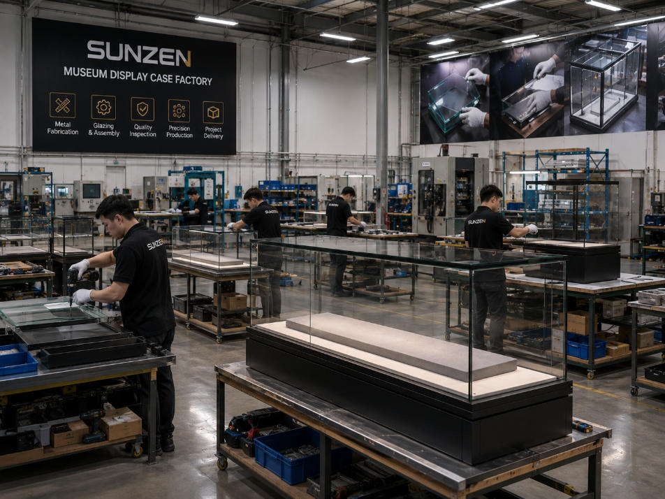 Museum display case factory production floor manufacturing custom glass vitrines for museum exhibition projects