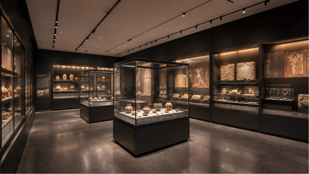 Completed museum exhibition manufactured with custom freestanding pedestal wall and integrated display cases