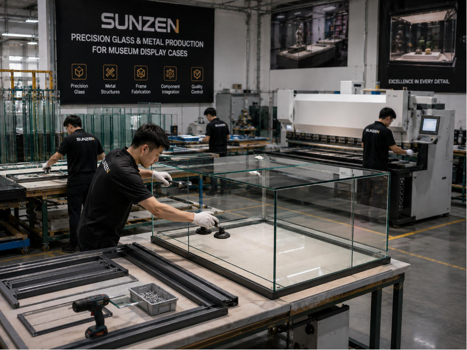 Museum display case factory integrating precision glass panels metal structures frames and cabinet components