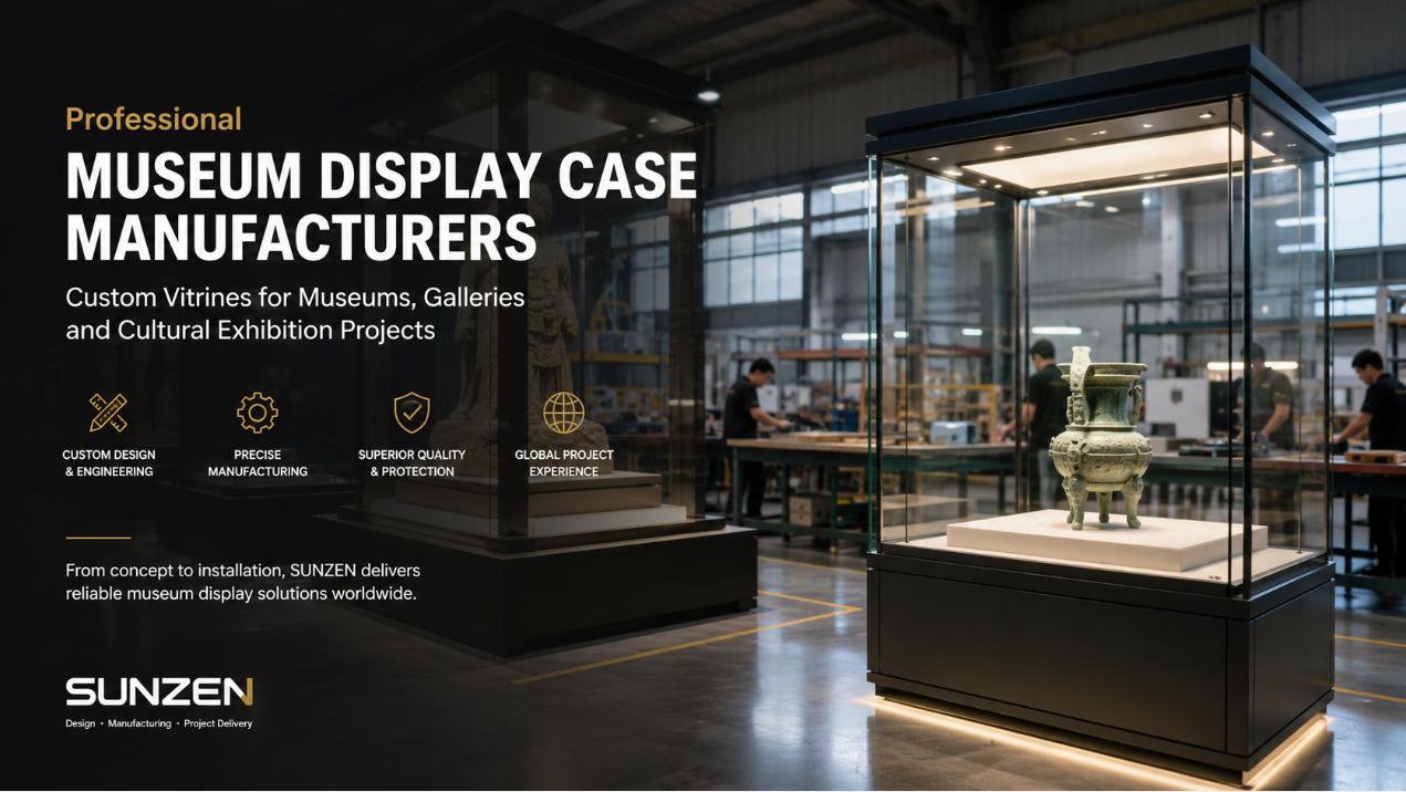 Museum display case manufacturers producing custom vitrines for museums galleries and cultural exhibition projects