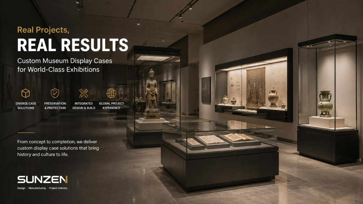 Completed museum exhibition using custom freestanding wall pedestal and integrated display cases