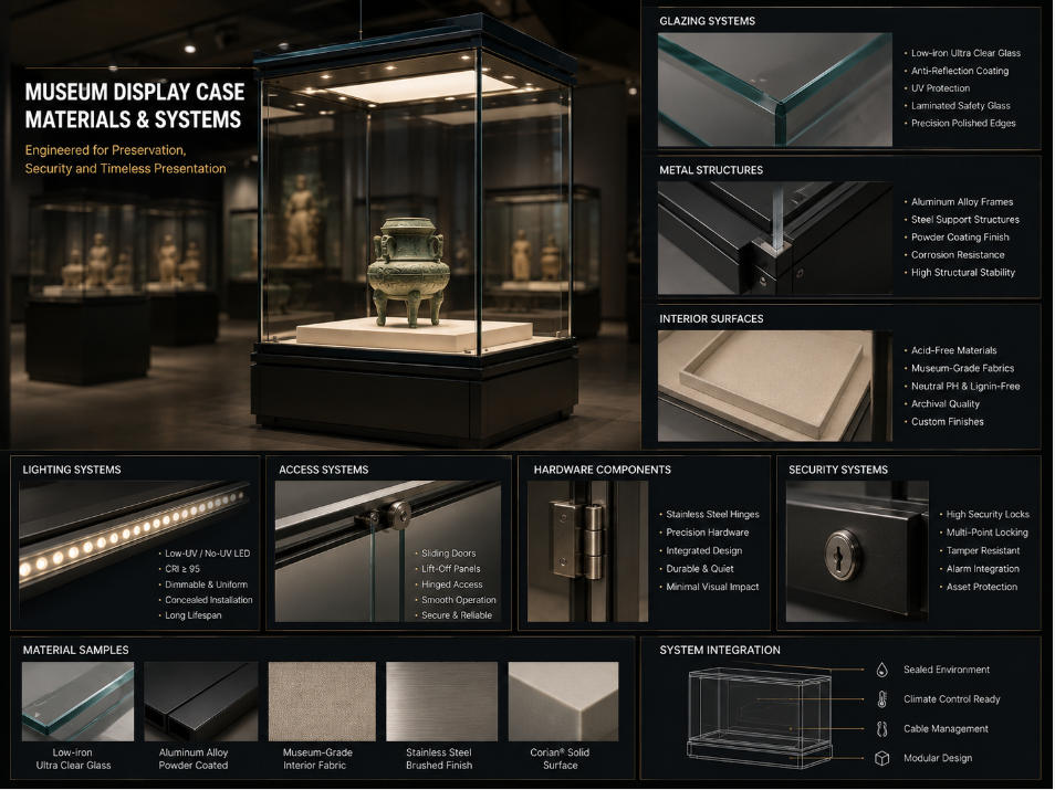Museum display case materials glazing metal interior surfaces lighting access hardware and security systems