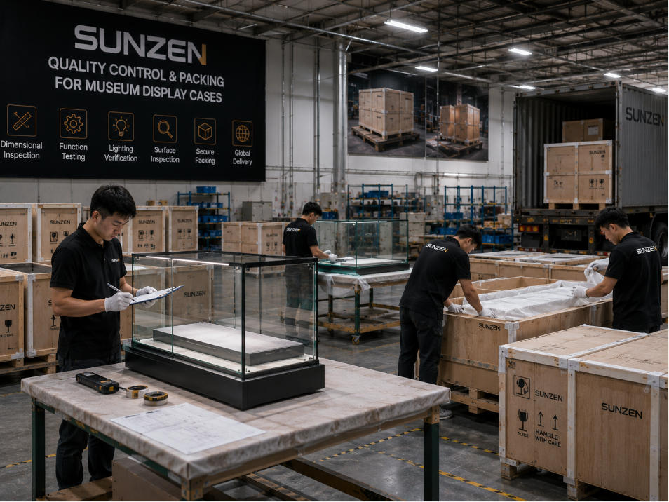 Museum display case factory quality control packing and preparation for international museum project delivery