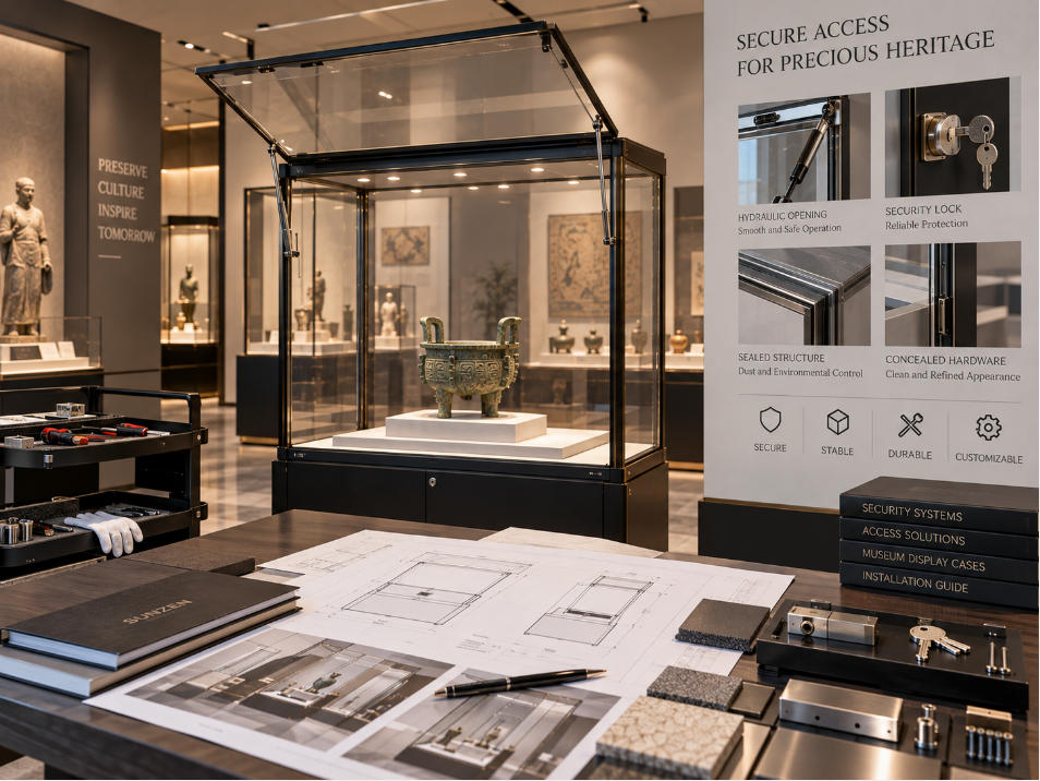 Museum display case supplier coordinating secure staff access locks opening systems and artifact installation requirements